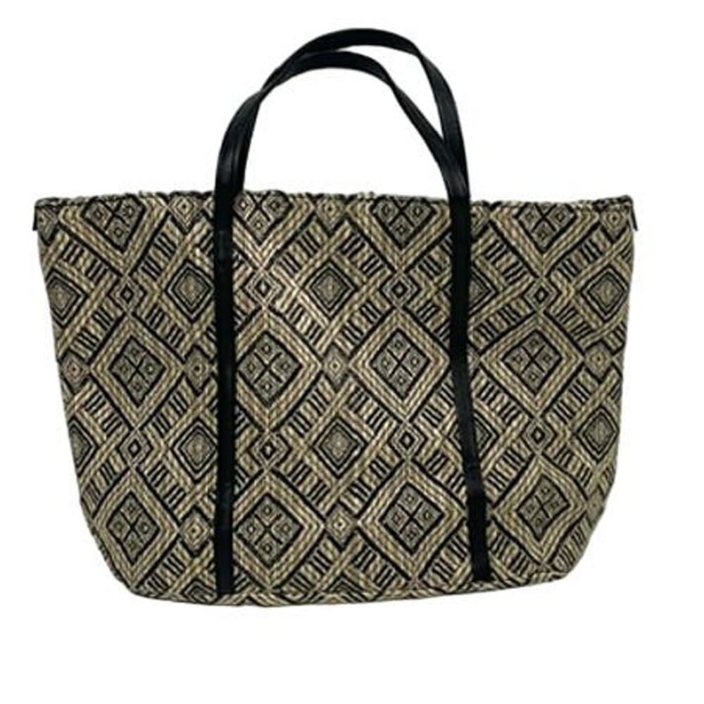 Woven Straw Geometric Tote Black/Tan